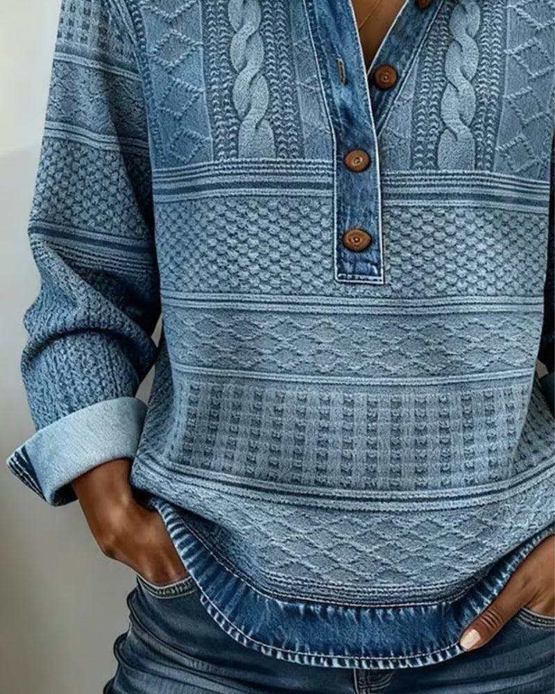 Women's Cable Knit Pullover Sweater with Half-Button Collar