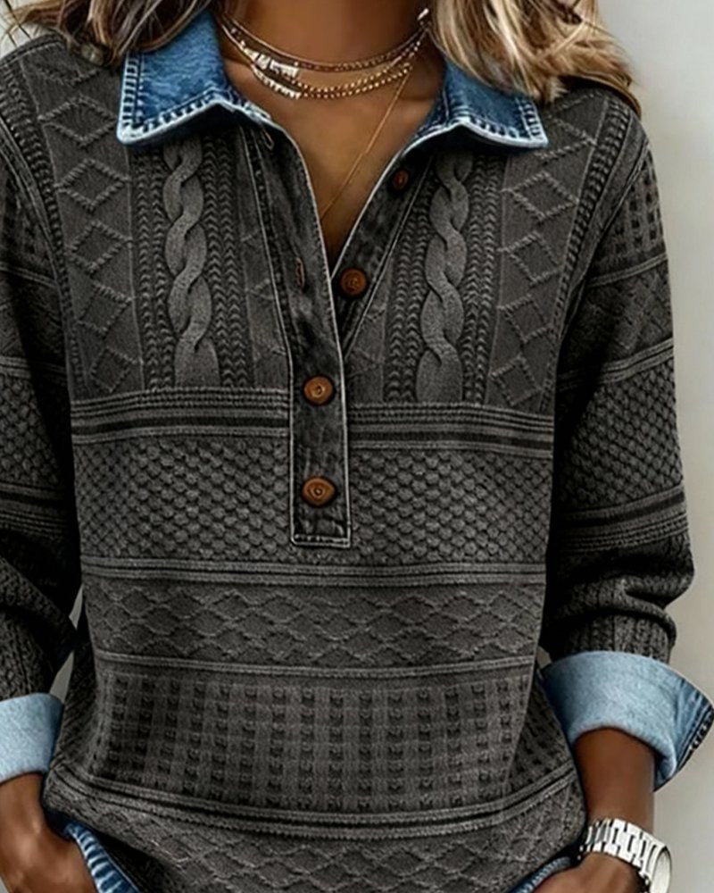 Women's Cable Knit Pullover Sweater with Half-Button Collar