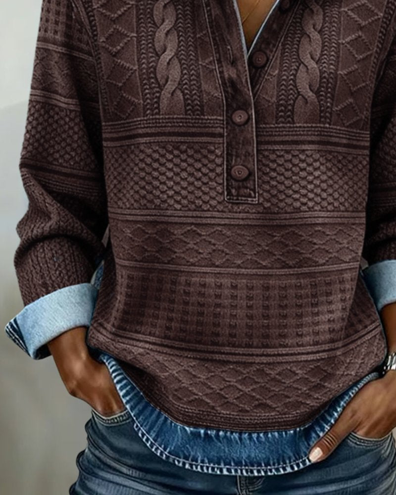 Women's Cable Knit Pullover Sweater with Half-Button Collar