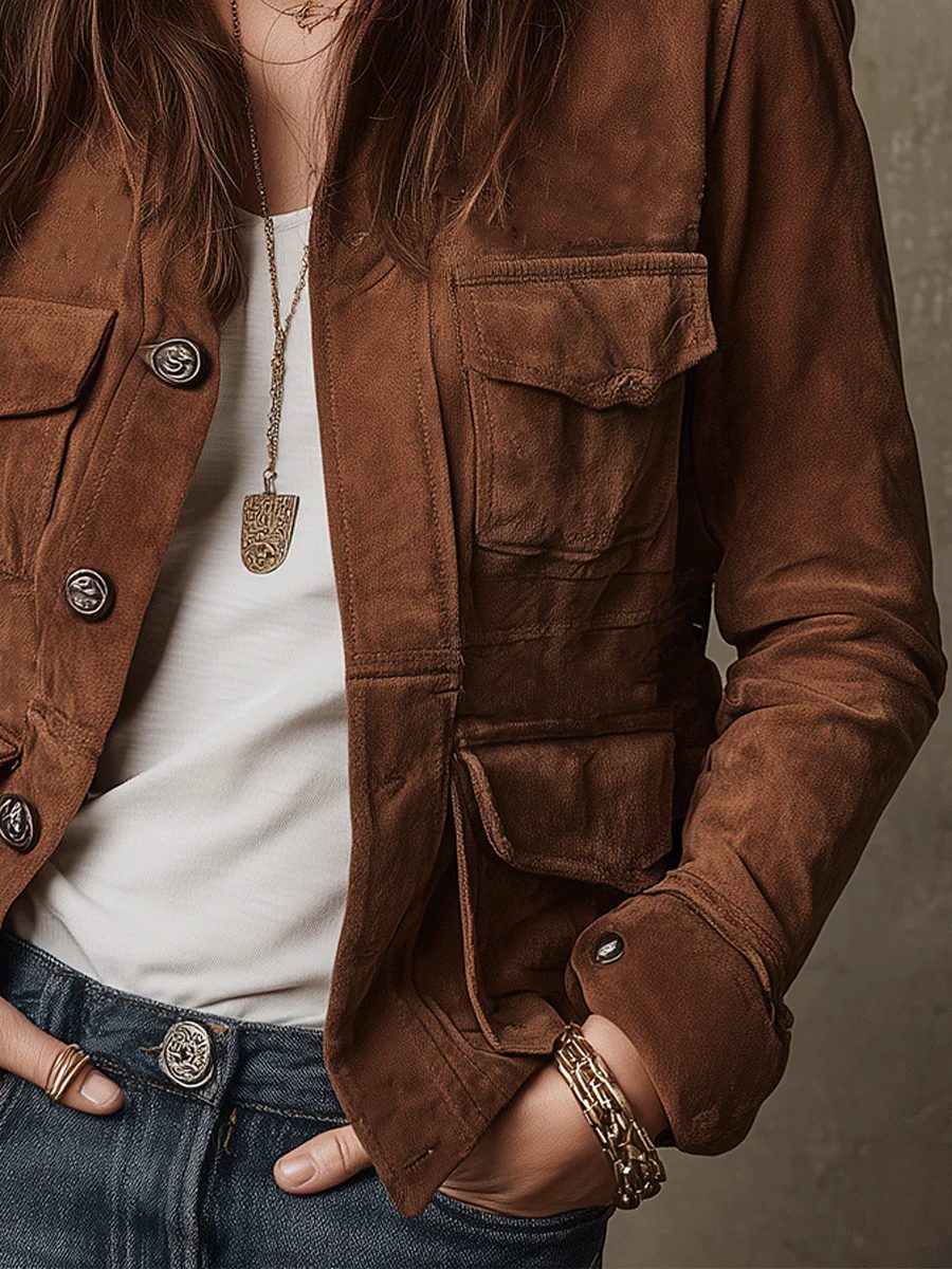 Calista | Suede Utility Jacket with Flap Pockets for Women