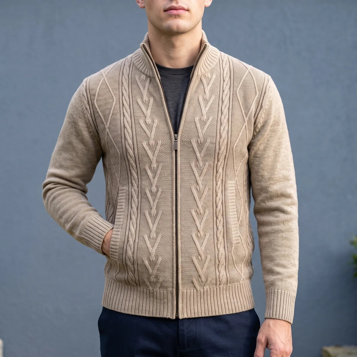 Calixte Cable Knit Full Zip Stand Collar Cardigan