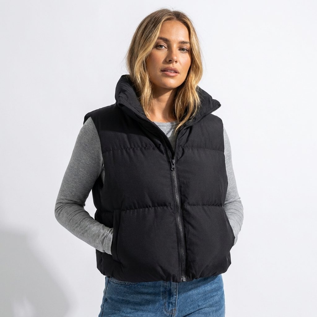 Cara | Cropped Puffer Vest with Stand Collar for Women