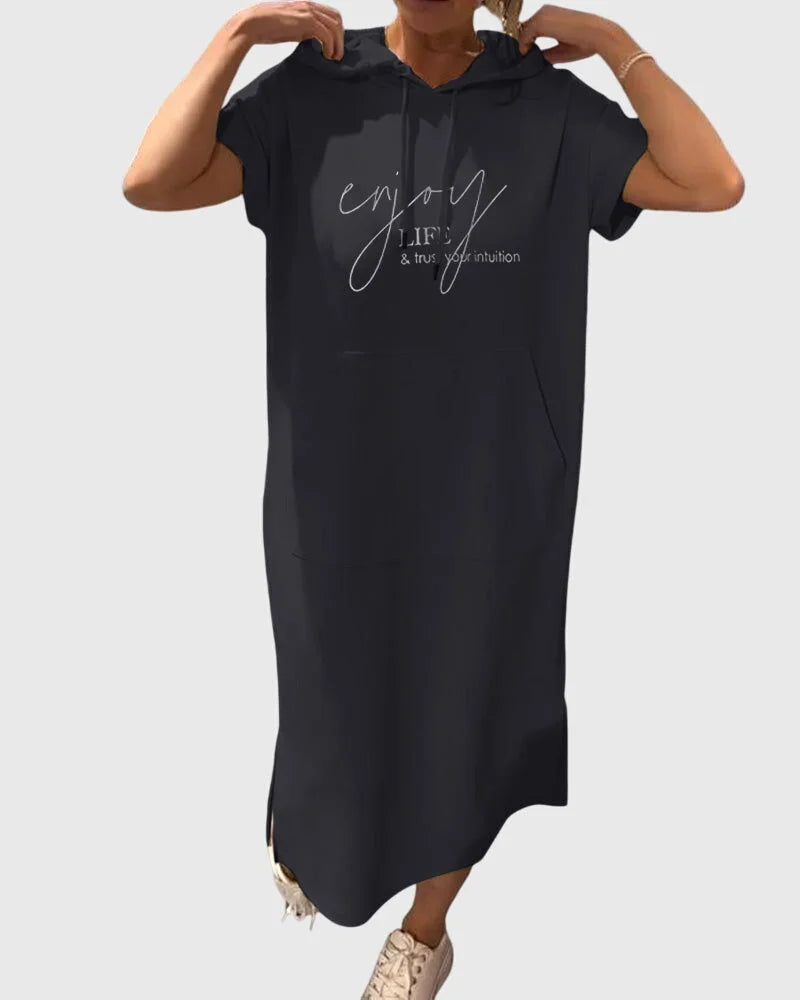 Women's cotton hooded midi dress with kangaroo pocket