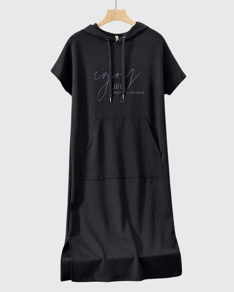 Women's cotton hooded midi dress with kangaroo pocket