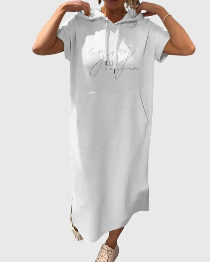 Women's cotton hooded midi dress with kangaroo pocket