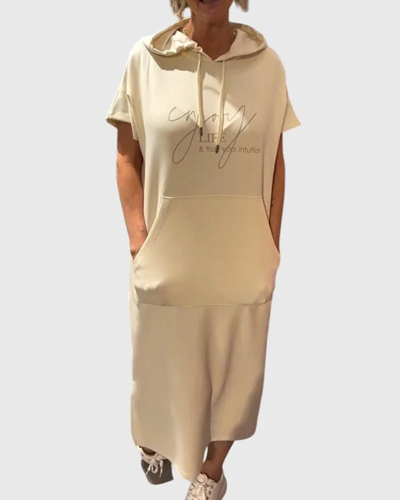 Women's cotton hooded midi dress with kangaroo pocket