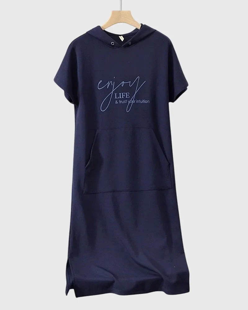 Women's cotton hooded midi dress with kangaroo pocket