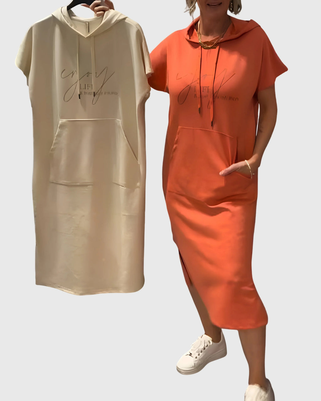 Women's cotton hooded midi dress with kangaroo pocket
