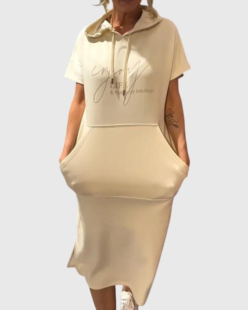 Women's cotton hooded midi dress with kangaroo pocket