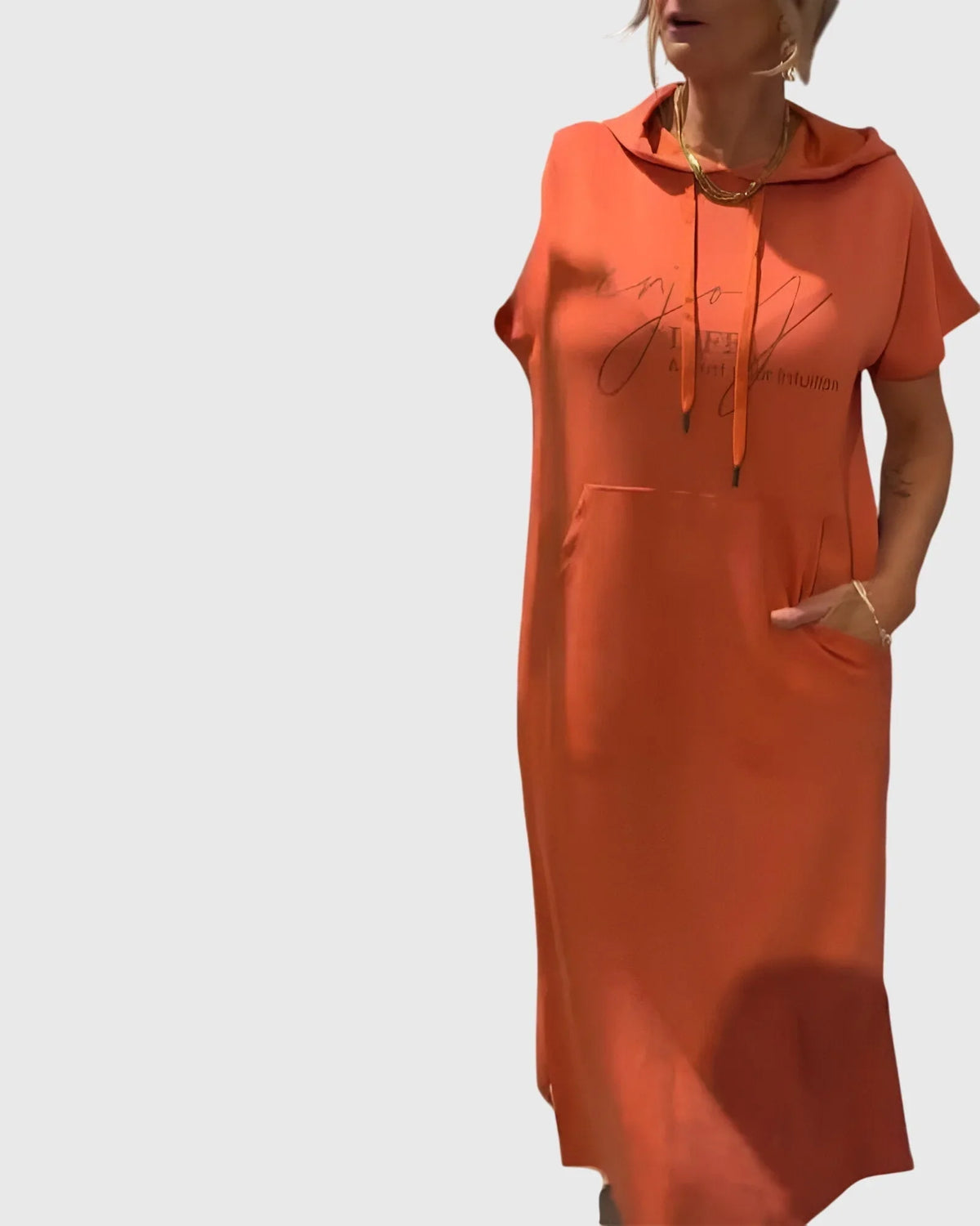 Women's cotton hooded midi dress with kangaroo pocket