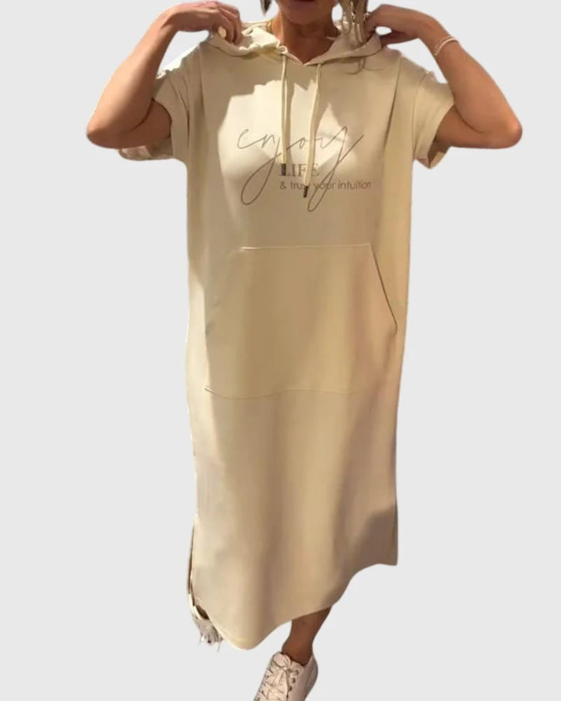 Women's cotton hooded midi dress with kangaroo pocket