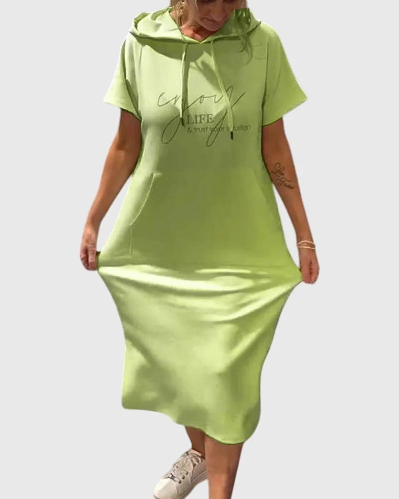 Women's cotton hooded midi dress with kangaroo pocket