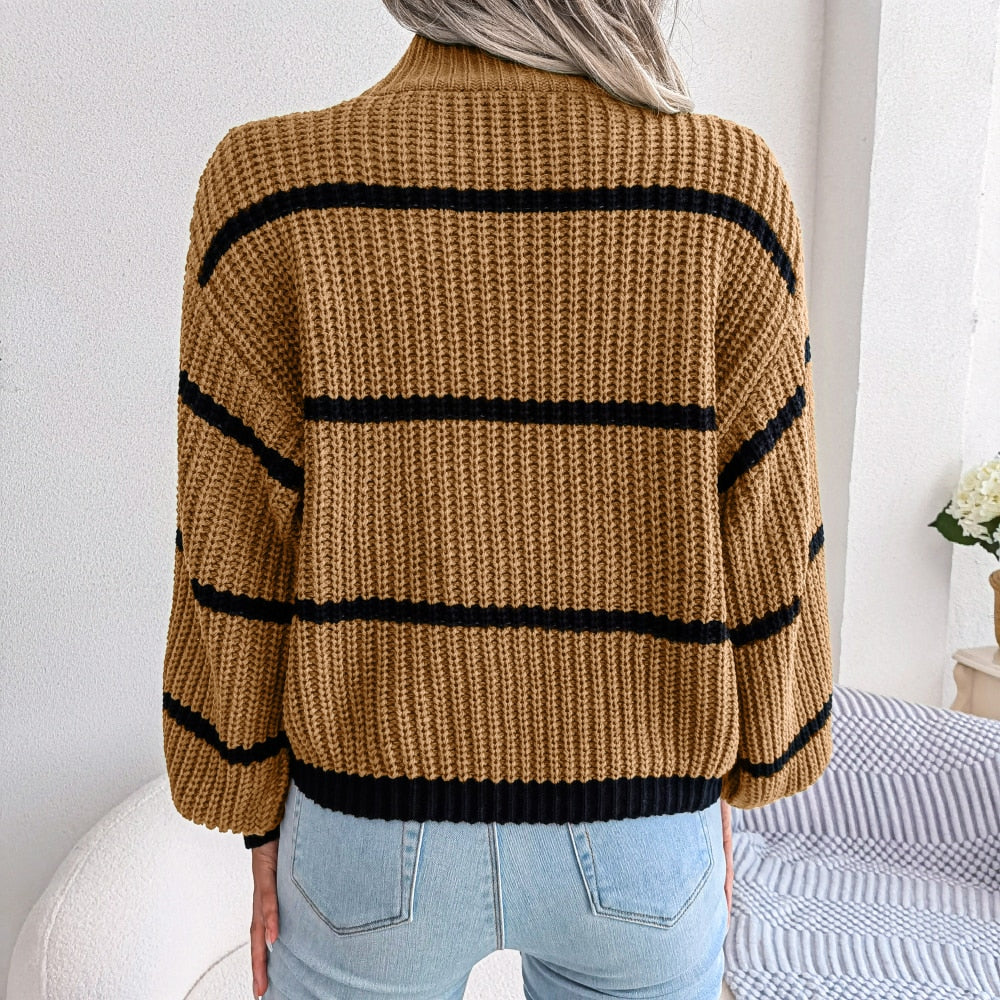 Women's Striped Turtleneck Sweater Relaxed Fit Ribbed
