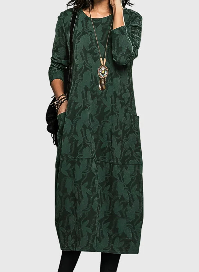 Women's floral crew neck midi dress with patch pockets