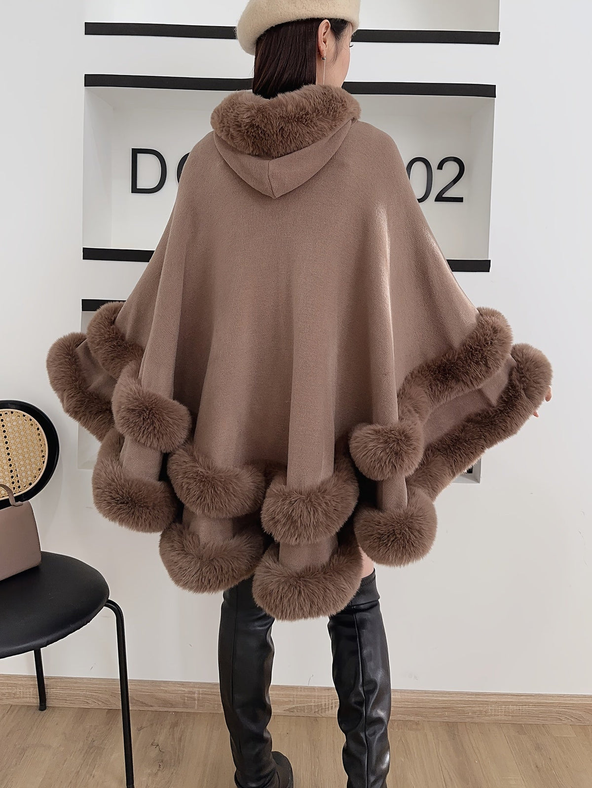 Women's Hooded Cape Coat with Faux Fur Trim