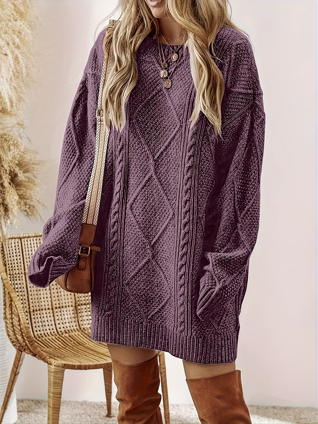 Women's Cable-Knit Sweater Dress Long Sleeve Round Neck