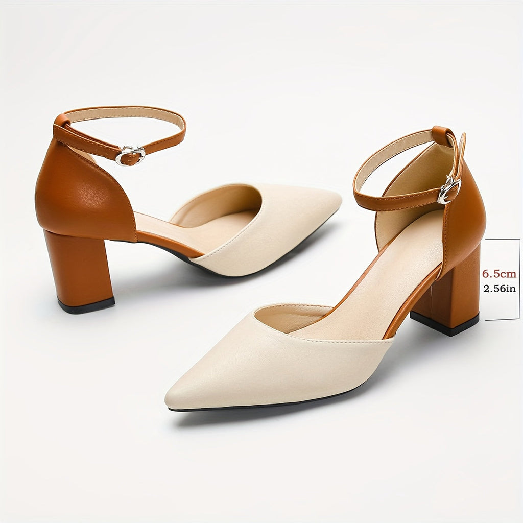 Women's Two-Tone Ankle Strap Block Heel Pumps