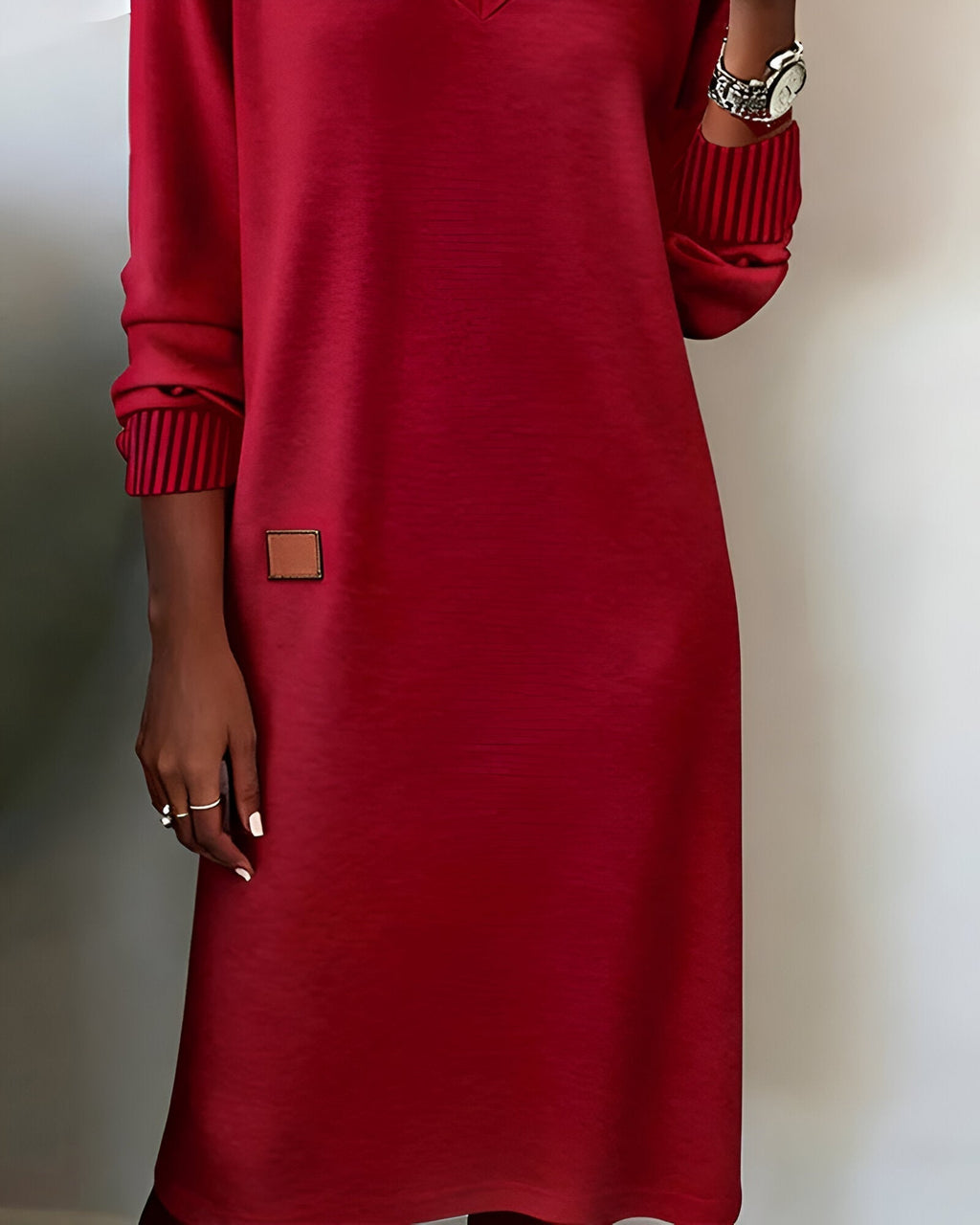 Women's V-Neck Long Sleeve Dress with Ribbed Cuffs