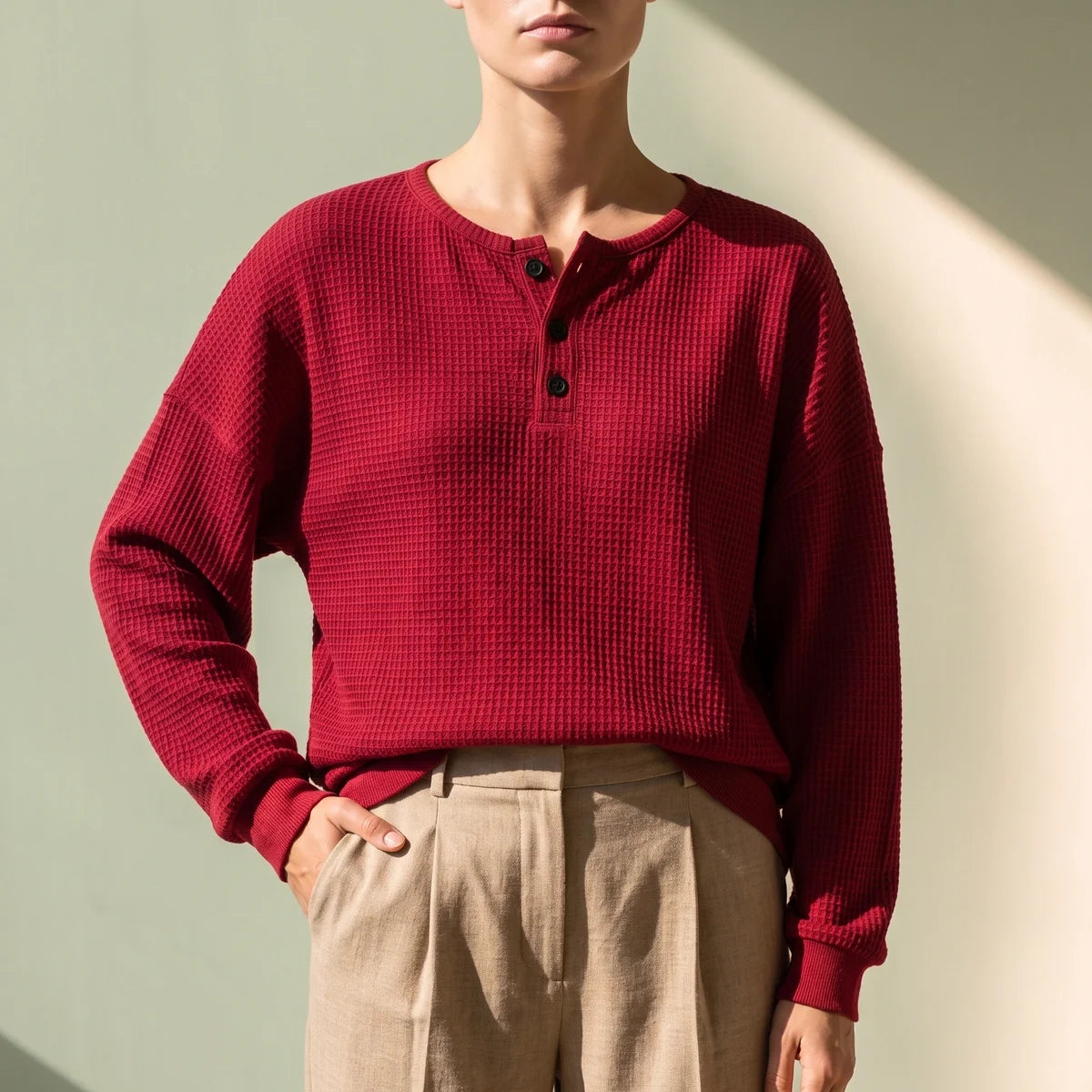 Cecily Oversized Waffle Knit Henley Top
