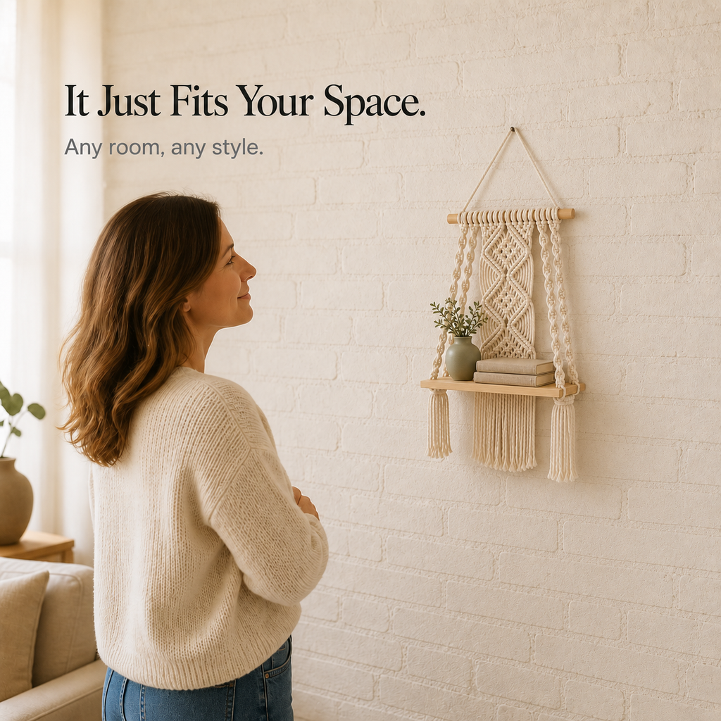 Woven Haven – Macramé Diamond Pattern Wooden Wall Shelf