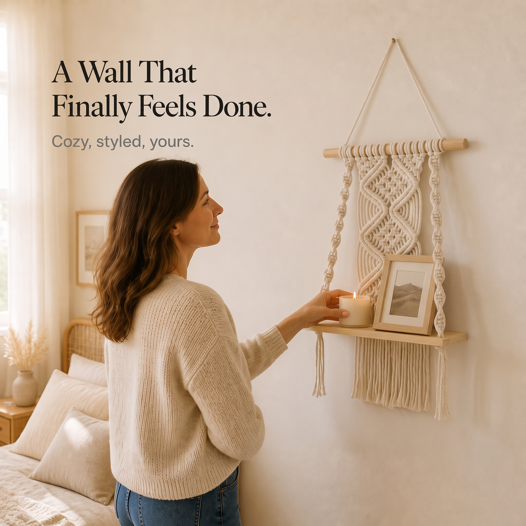 Woven Haven – Macramé Diamond Pattern Wooden Wall Shelf