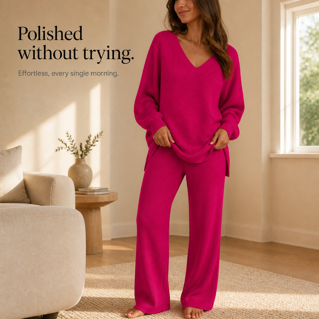 Vellora – V-Neck Knit Sweater And Wide-Leg Trouser Set