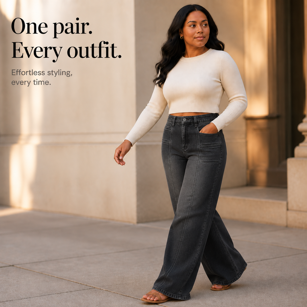 Longline Denim – High-Waisted Wide-Leg Seam Jeans