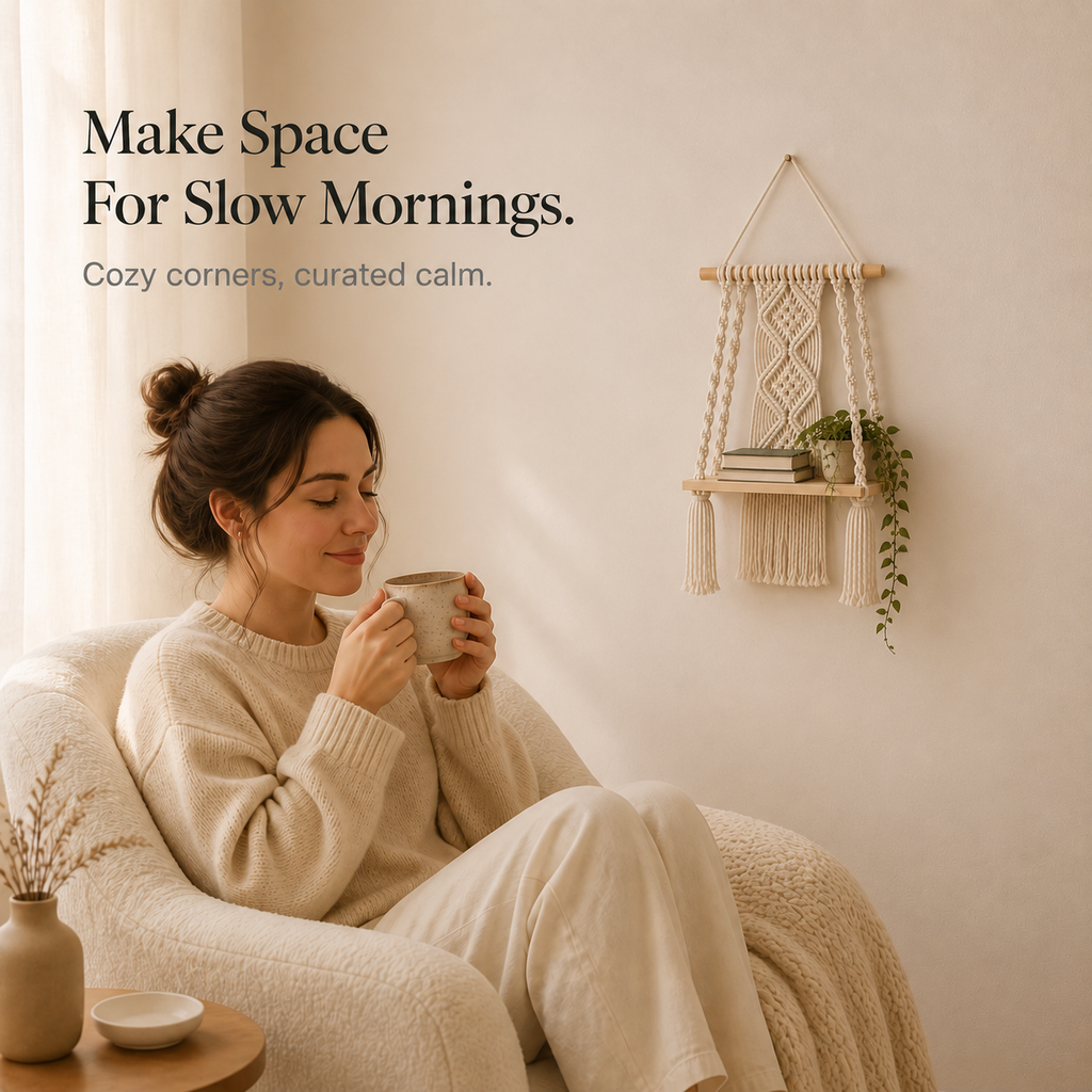 Woven Haven – Macramé Diamond Pattern Wooden Wall Shelf