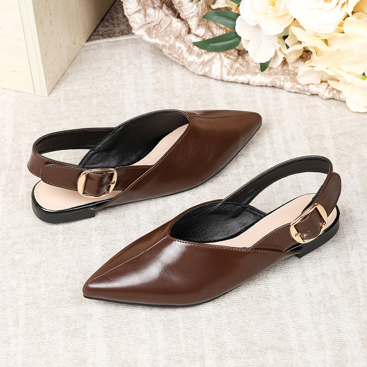 Women's Flat Slip-On Mules with Pointed Toe and Buckle Closure