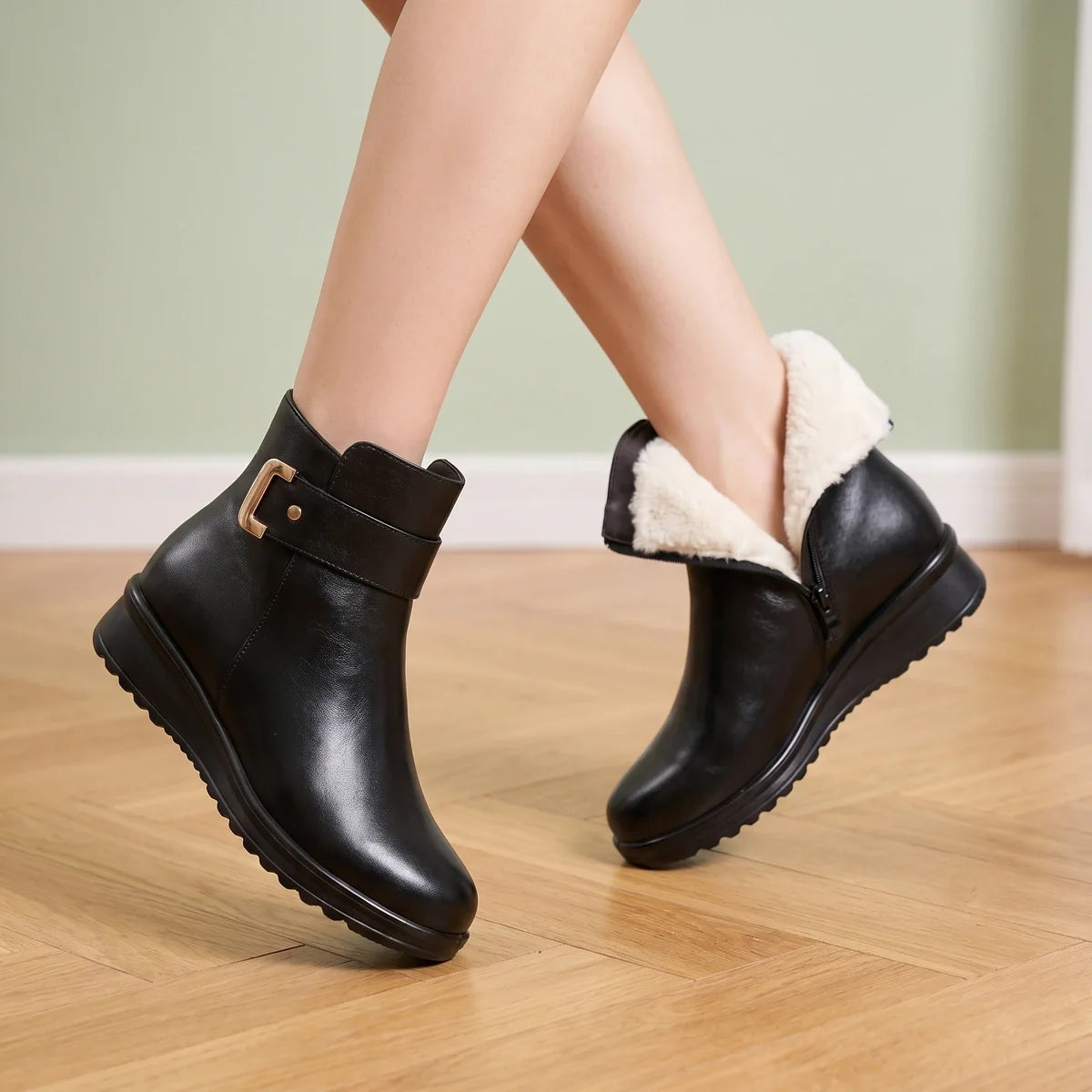 Christabel Plush Lined Buckle Wedge Ankle Boots
