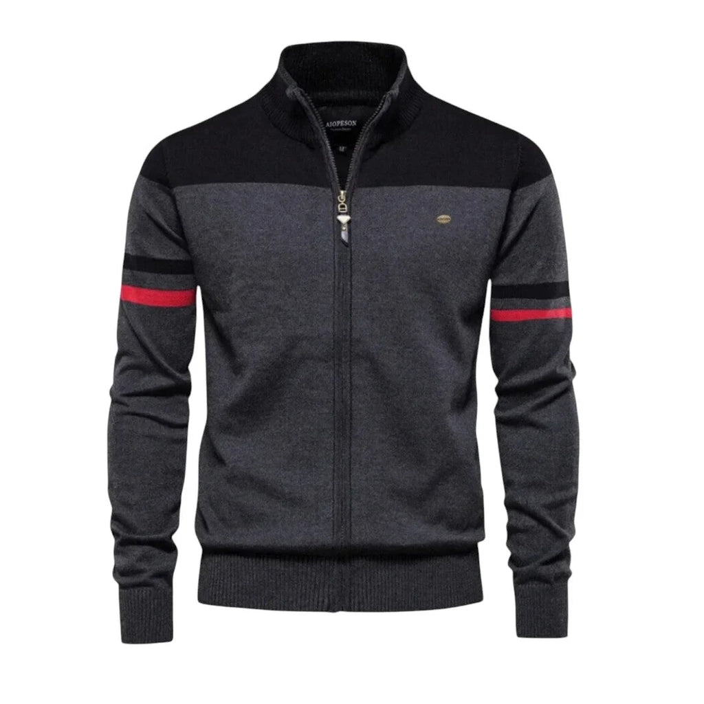 Women's colorblock knit zip-up cardigan with ribbed cuffs and hem