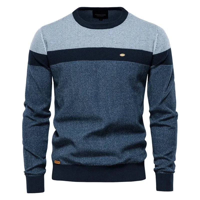 Women's striped knit crew neck sweater with chest emblem
