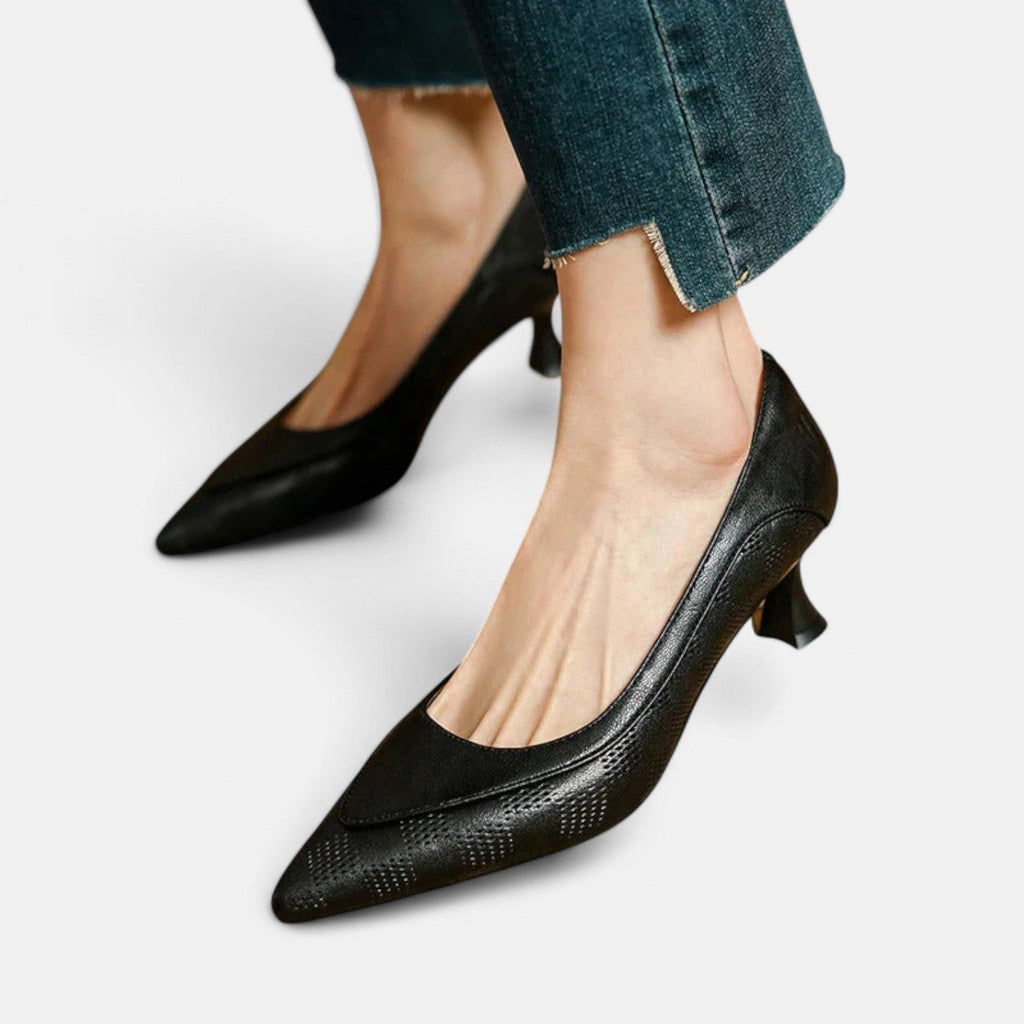 Women's Leather Heels with Embossed Texture and Cushioned Insole
