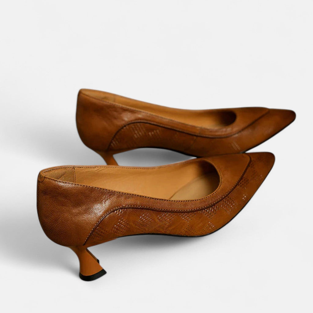 Women's Leather Heels with Embossed Texture and Cushioned Insole