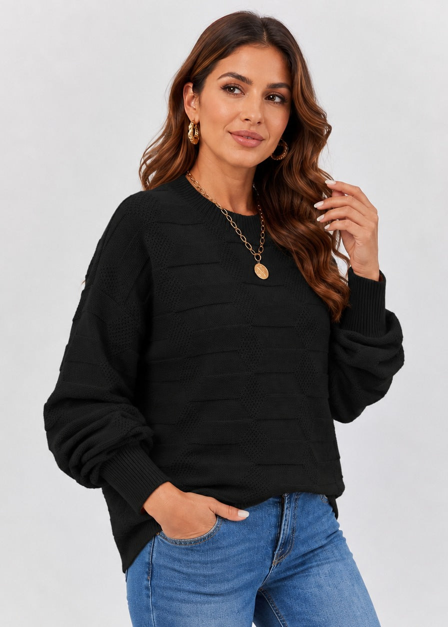Women's Textured Crew Neck Sweater, Long Sleeves, Relaxed Fit