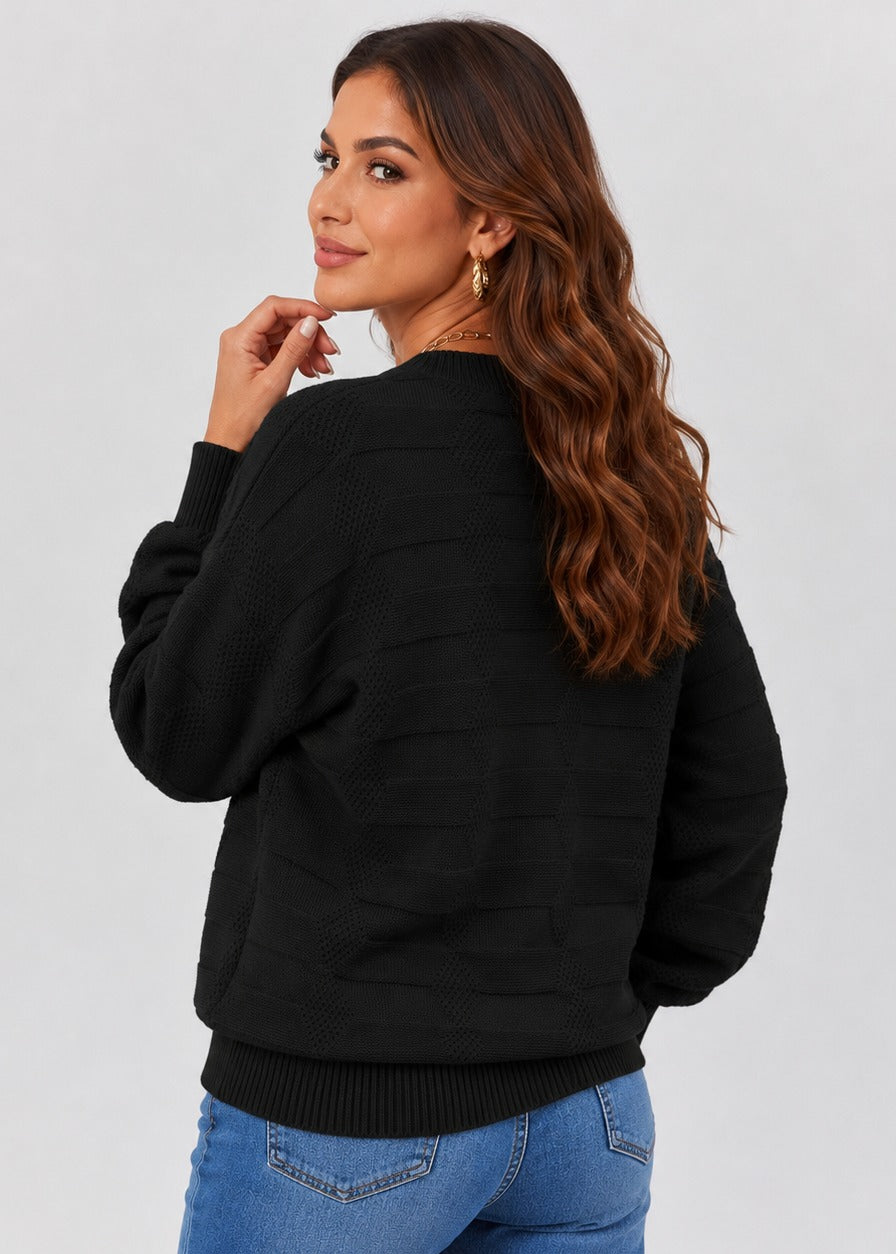 Women's Textured Crew Neck Sweater, Long Sleeves, Relaxed Fit