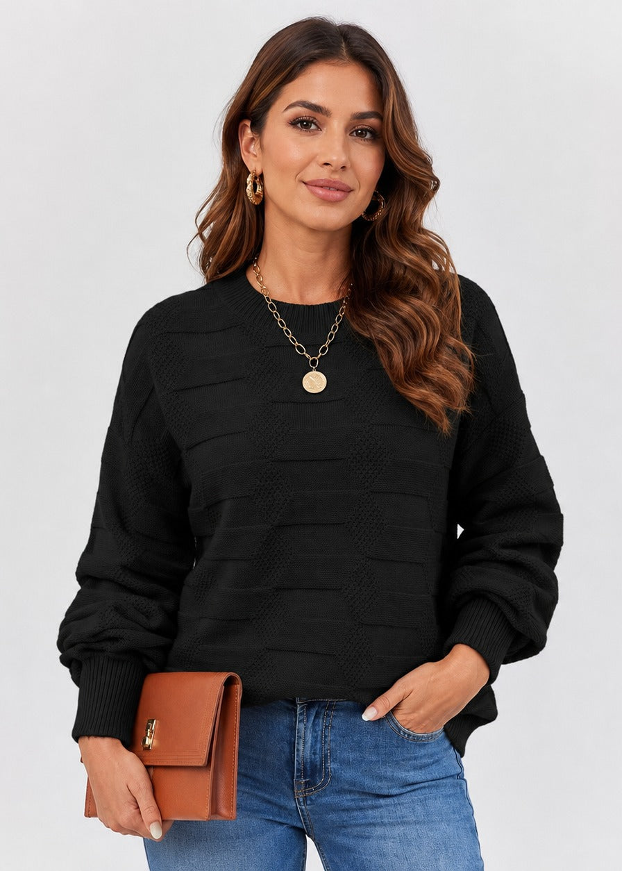 Women's Textured Crew Neck Sweater, Long Sleeves, Relaxed Fit