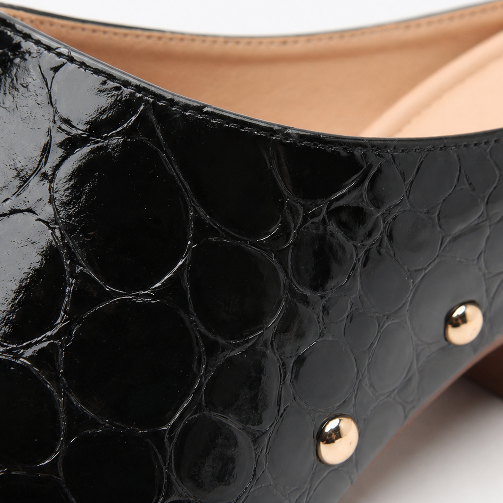 Ines Croc – Gold Dome Trim Croc-Embossed Clog Mules