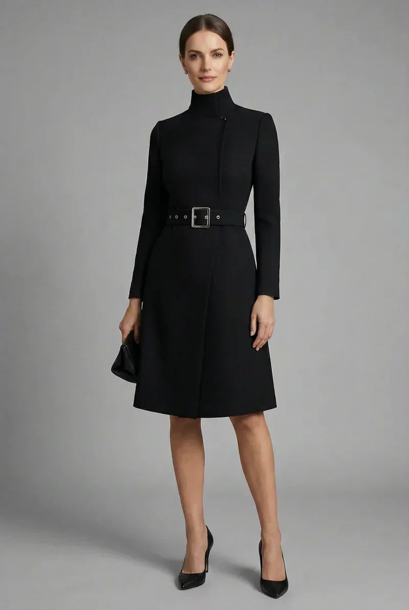 Women's Black High Neck Belted Asymmetric Midi Dress