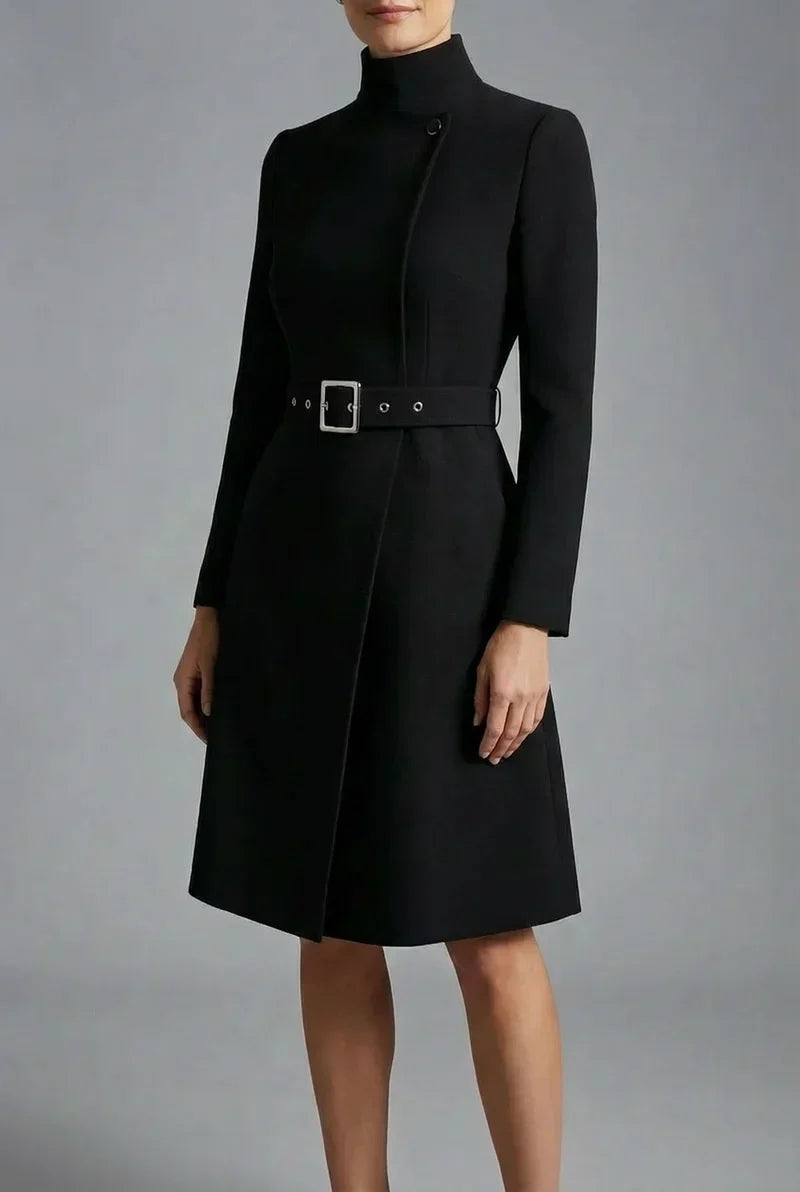 Women's Black High Neck Belted Asymmetric Midi Dress