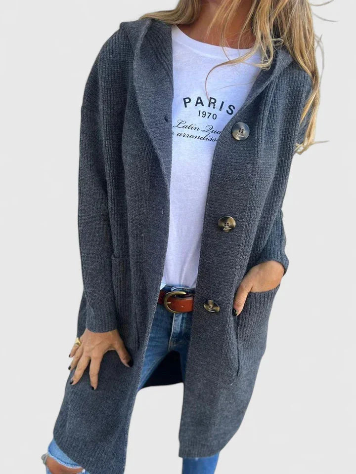 Women's ribbed button-front hooded cardigan with patch pockets