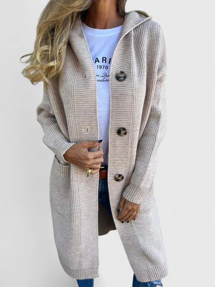 Women's ribbed button-front hooded cardigan with patch pockets