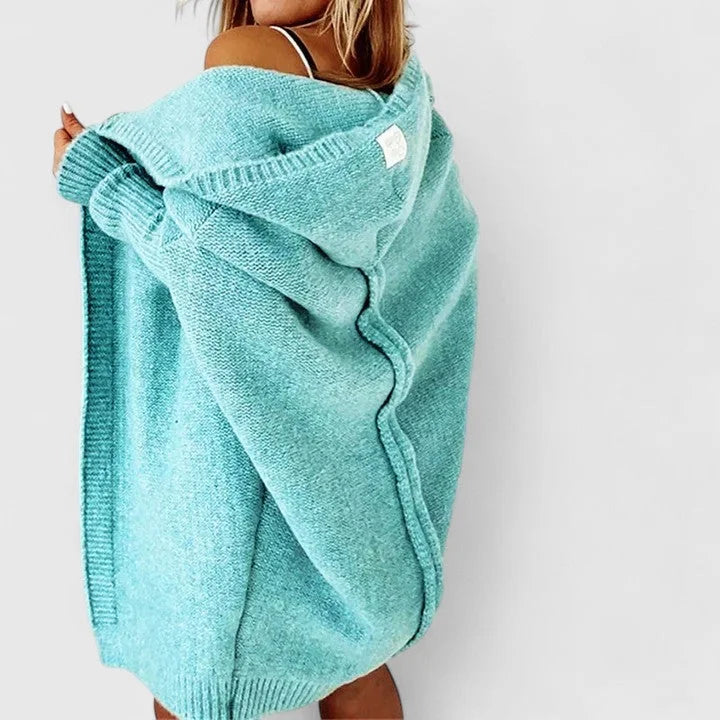 Women's knit open-front hooded cardigan with ribbed cuffs