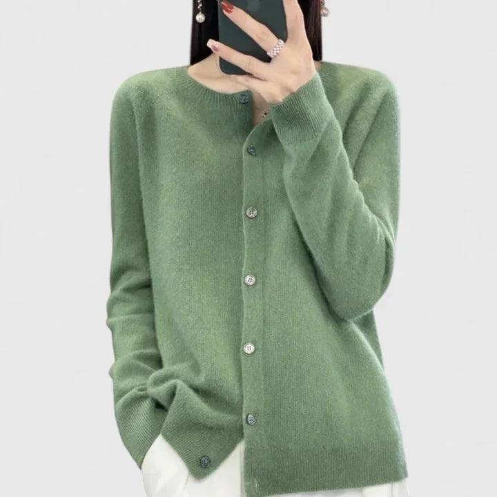 Women's knit button-front crew neck cardigan with ribbed cuffs