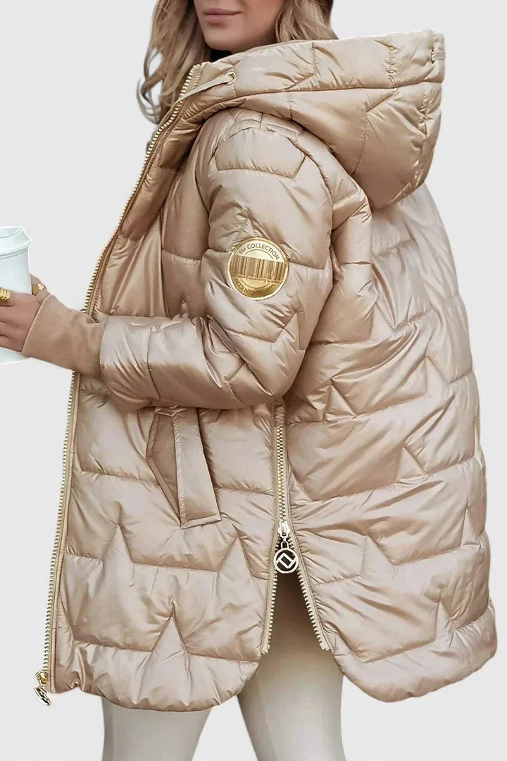Women's zip-up hooded quilted coat with shiny finish