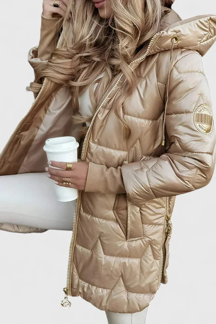Women's zip-up hooded quilted coat with shiny finish