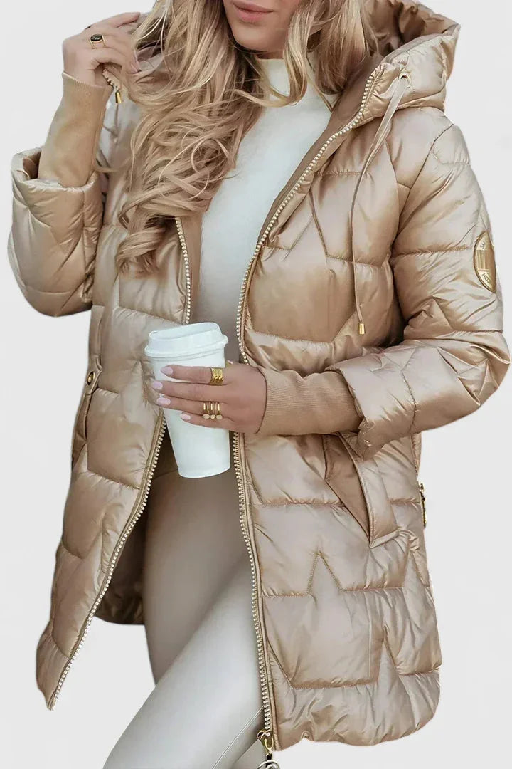 Women's zip-up hooded quilted coat with shiny finish