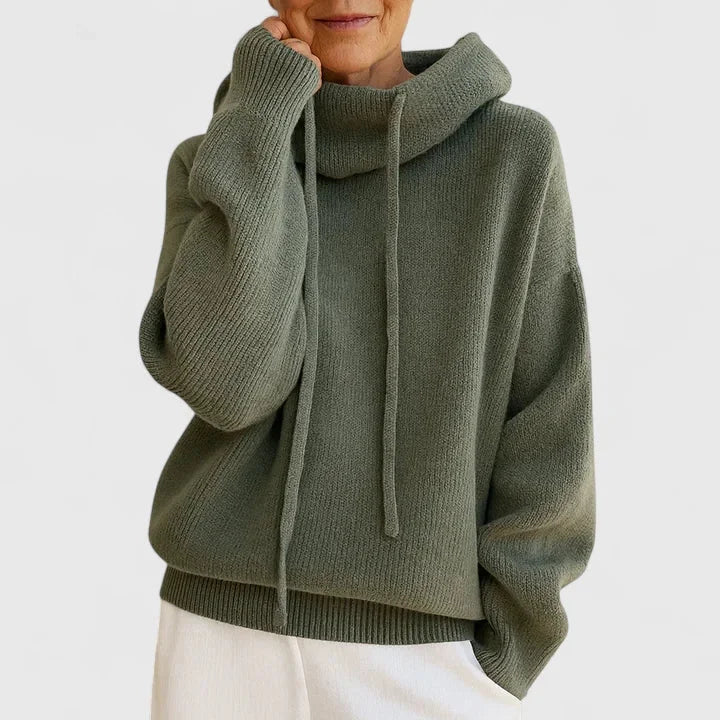 Women's knit hoodie with drawstring cowl neck