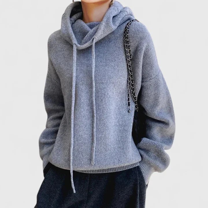 Women's knit hoodie with drawstring cowl neck