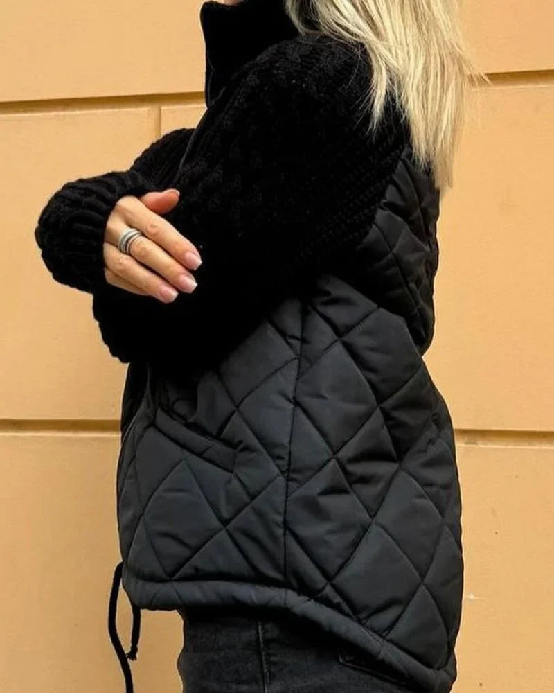 Women's zip-up stand collar quilted jacket with cable knit sleeves